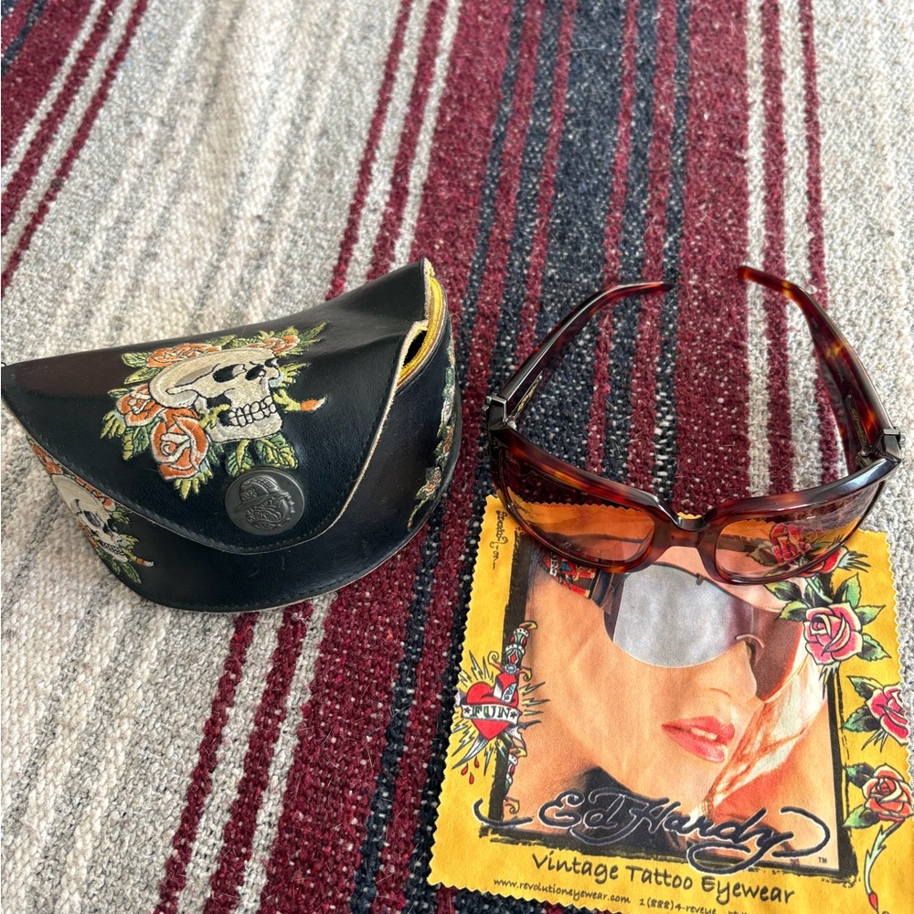 Ed Hardy EHS Tortoise Rhinestone Tattoo Sunglasses-Roses &Skull-Embellished+case